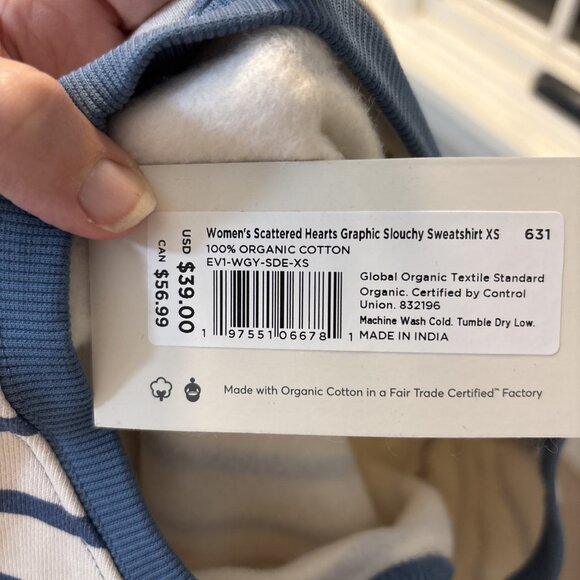 Pact 100% Organic Cotton Scattered Hearts Fleece Lined Crewneck Sweatshirt XS - Picture 3 of 4